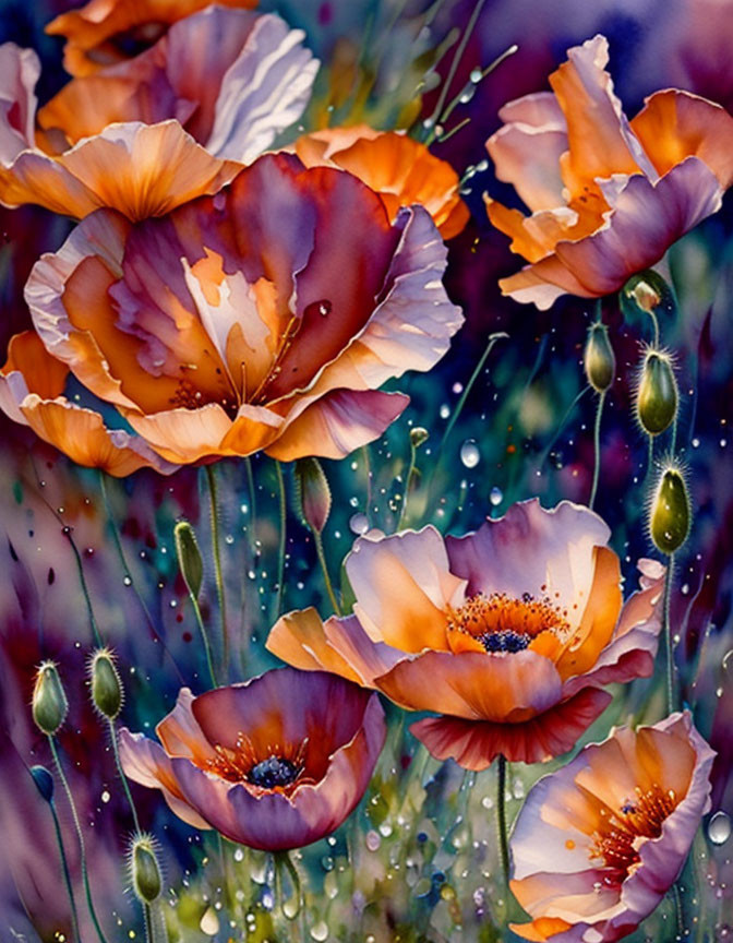 Colorful Watercolor Illustration of Orange and Purple Poppies on Dark Background