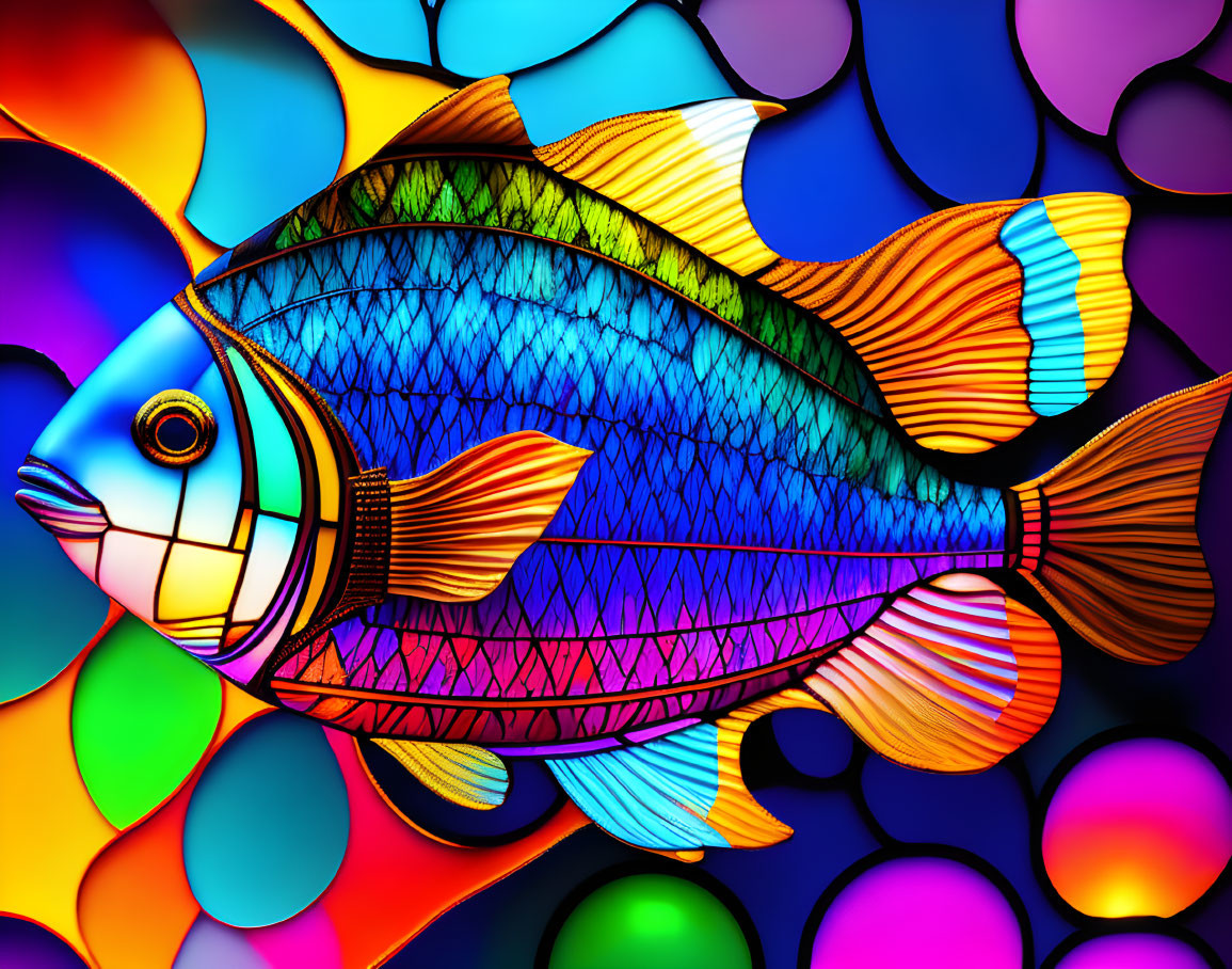 Colorful Fish Artwork with Stained-Glass Effect on Vibrant Circle Background