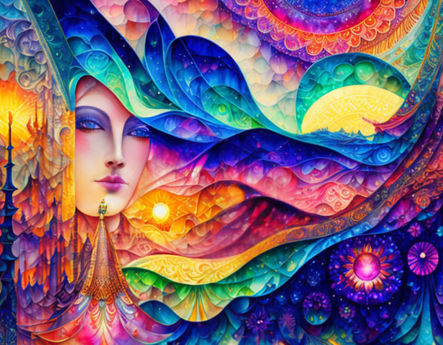 Colorful Psychedelic Artwork: Stylized Woman's Face with Flowing Patterns