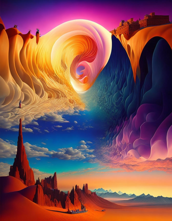 Colorful digital artwork: Desert sands meet wave-like formations with a castle and figures.