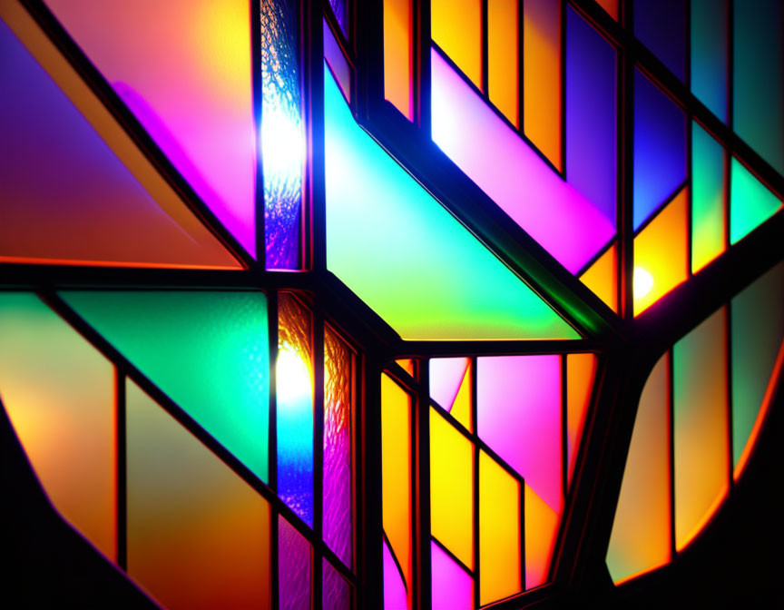 Vibrant geometric patterns through stained glass.