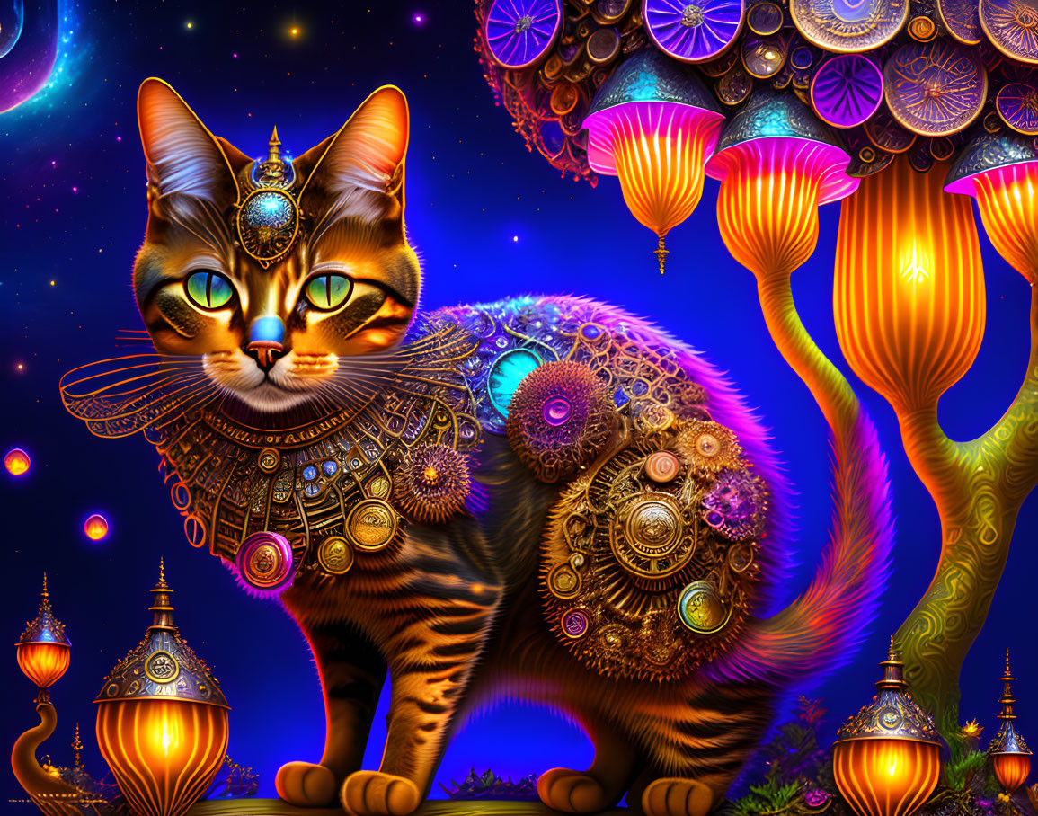 Ornate cosmic-themed cat with intricate jewelry on vibrant celestial backdrop