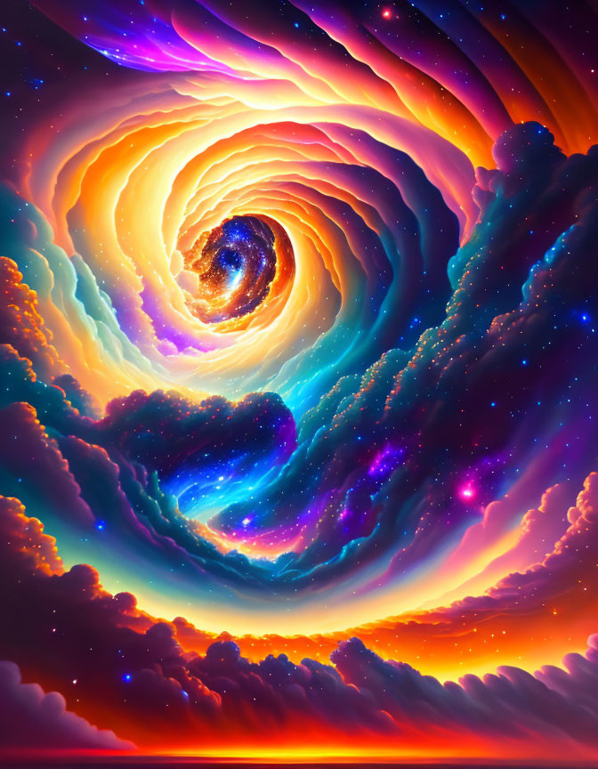 Colorful surreal cosmic vortex with swirling clouds and star-speckled space