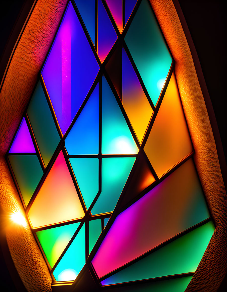 Vibrant geometric stained glass window with colorful patterns