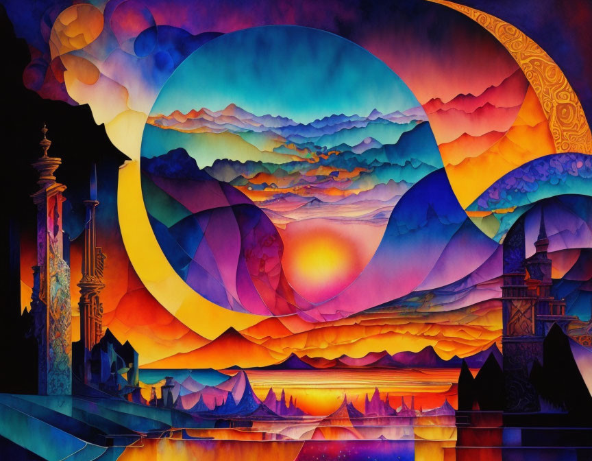 Colorful Geometric Sun Landscape Painting with Mountains and Architecture