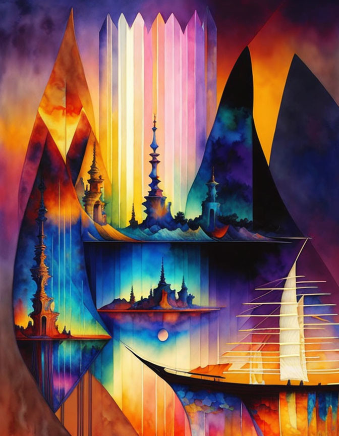 Colorful painting of stylized mountains, castles, and sailboat under a starry sky