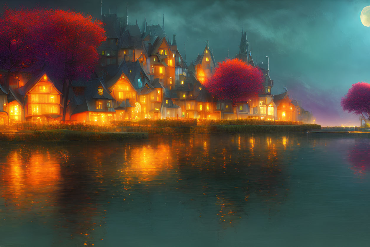 Riverside scene at dusk: illuminated houses, red trees, glowing moon