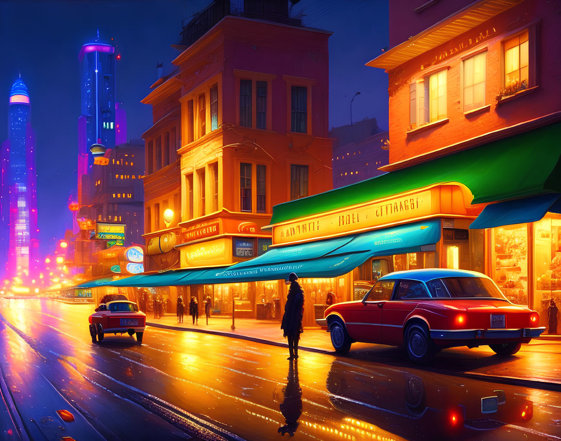 Night City Street with Neon Signs, Solitary Figure, Wet Pavement, Vintage Cars