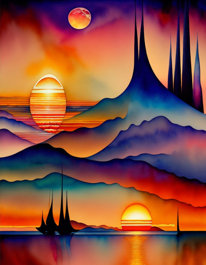 Surreal landscape with towering spires and multiple suns setting