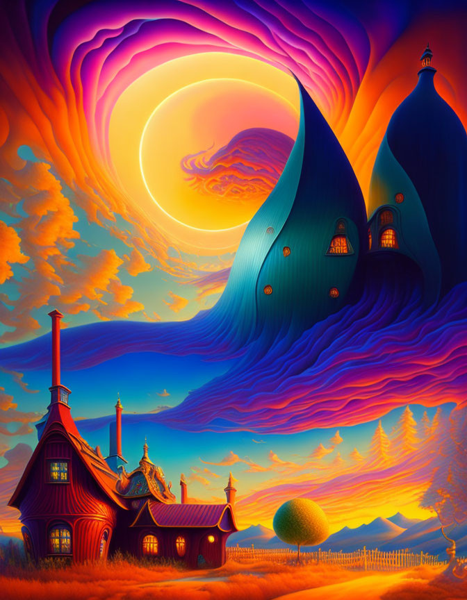 Colorful surreal landscape with purple sky, yellow sun, blue hills, house, and striped sphere