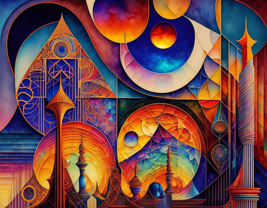 Colorful Abstract Art: Architectural & Cosmic Elements