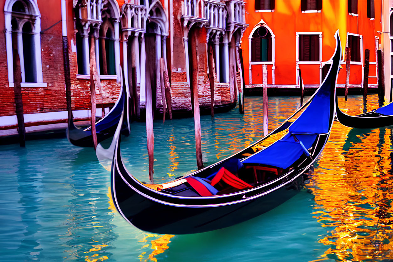 Venetian canal scene with gondola and orange buildings reflected in teal waters