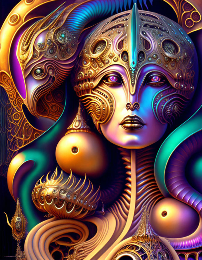 Colorful digital artwork: stylized female figure with metallic ornamentation in purples, golds