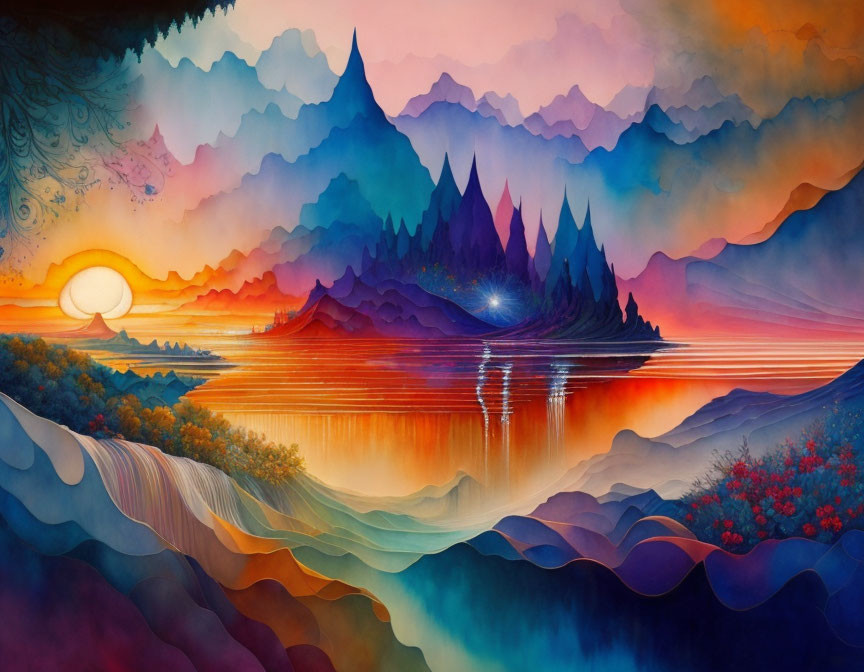 Colorful landscape with mountains, lake, and surreal sunrise/sunset.