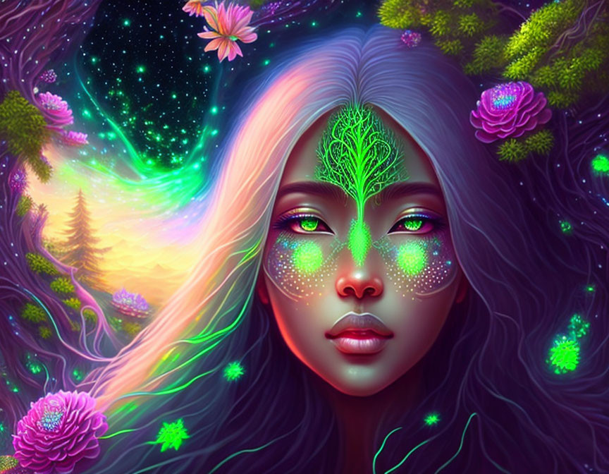 Fantasy illustration of woman with tree on forehead in cosmic setting.