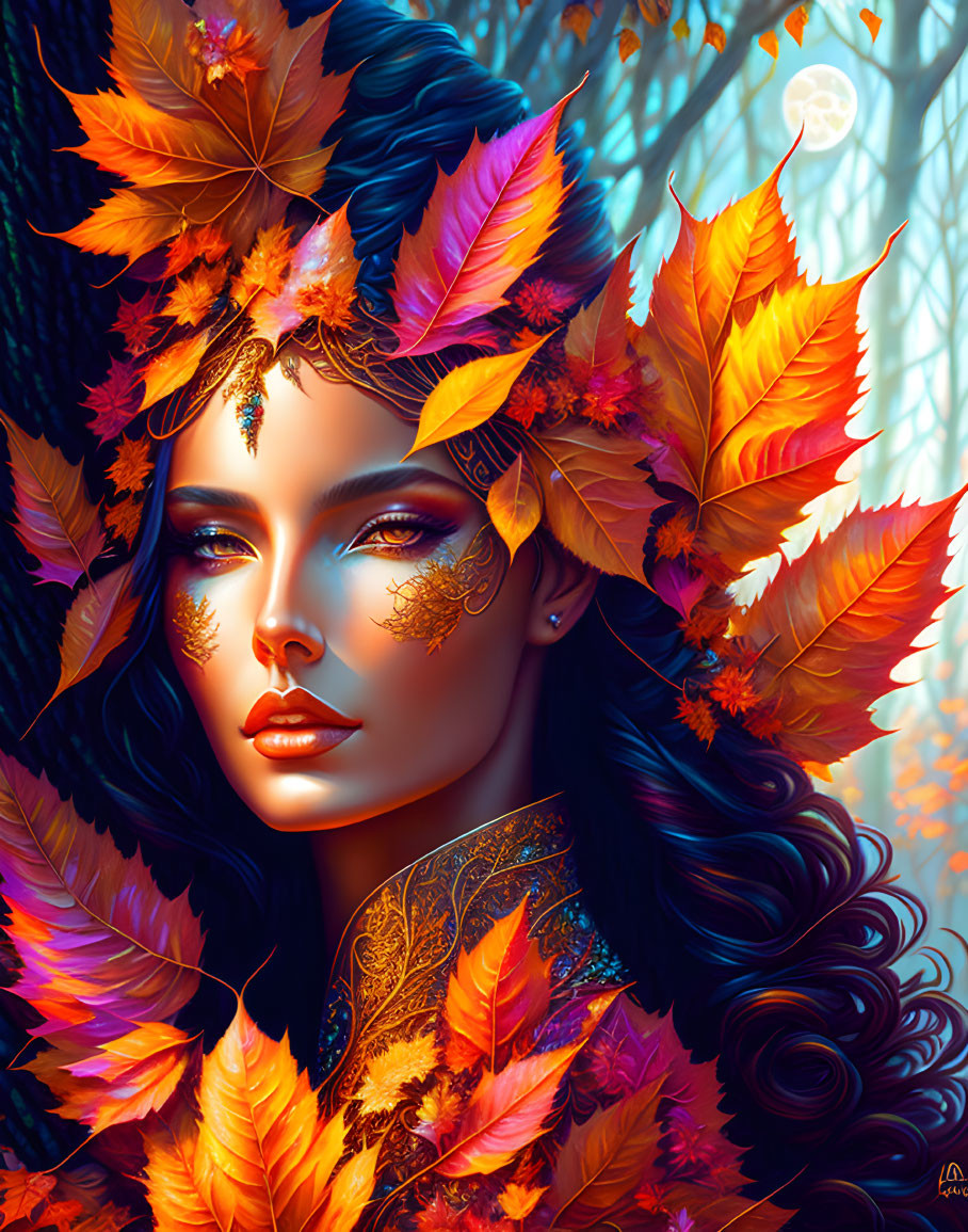 Autumn-themed woman illustration with golden details in forest setting