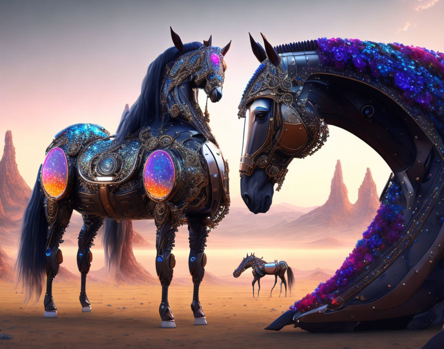 Intricate mechanical horses with glowing elements in desert sunset