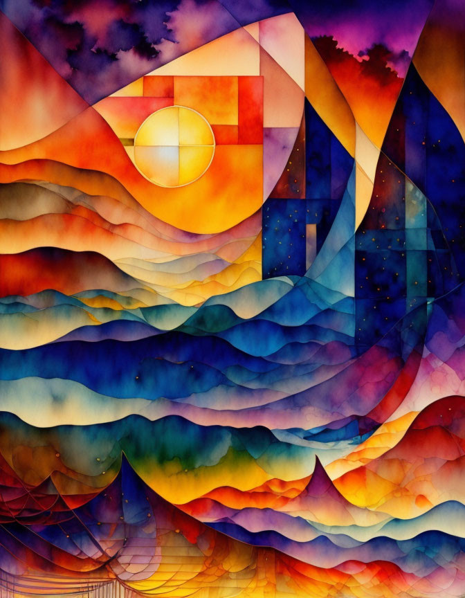 Colorful Watercolor Painting of Wavy Patterns and Geometric Sun on Rolling Hills or Waves blending into