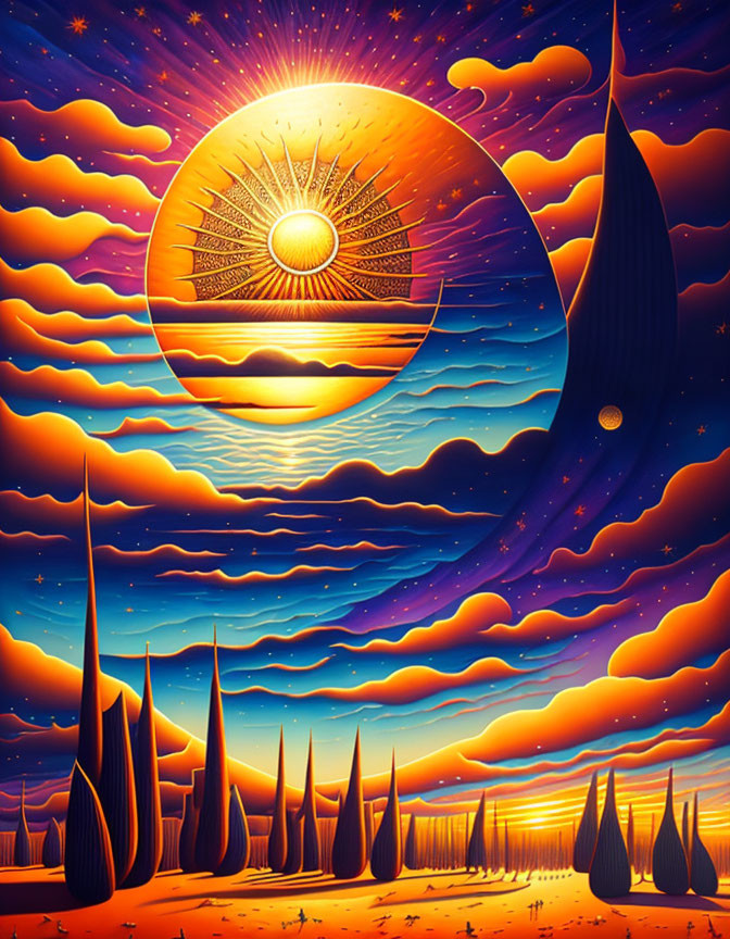 Surreal landscape with spire-like structures and stylized sun in starlit sky