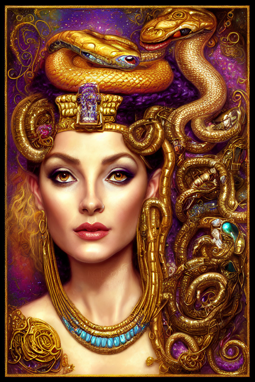 Elaborate gold and jeweled headdress with snake motif on woman in richly colored background