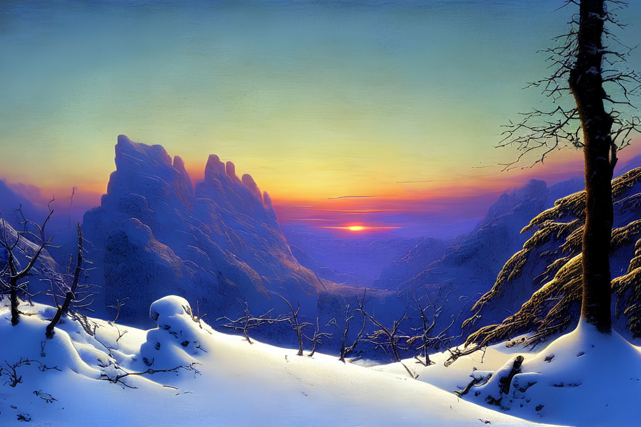 Snow-covered terrain, bare trees, and mountains under winter sunset sky