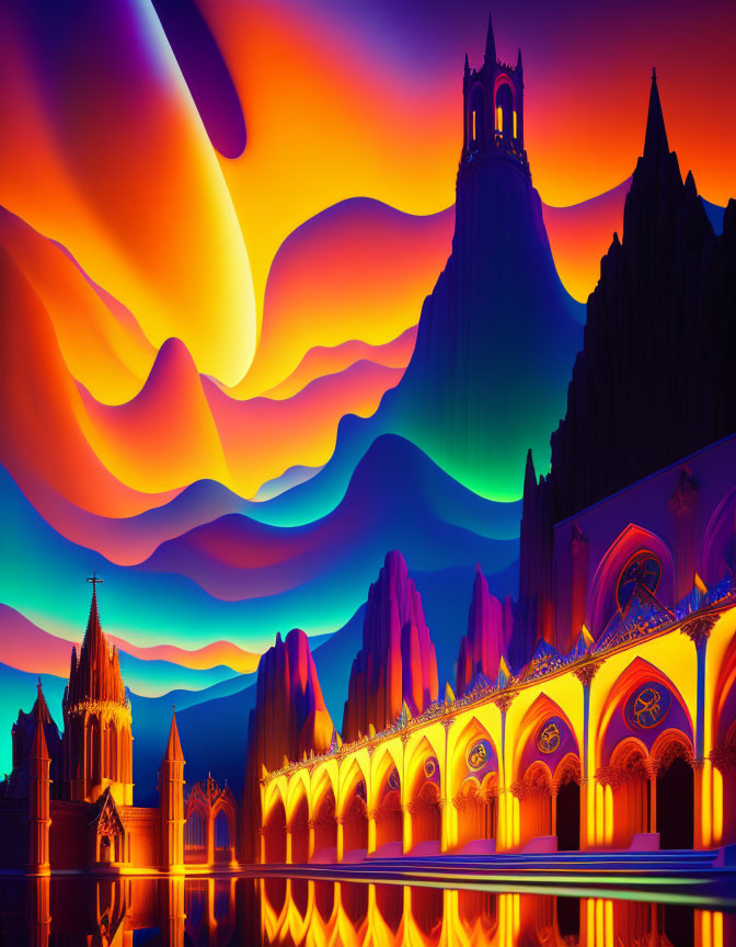 Surreal neon-lit Gothic architecture in vibrant landscape