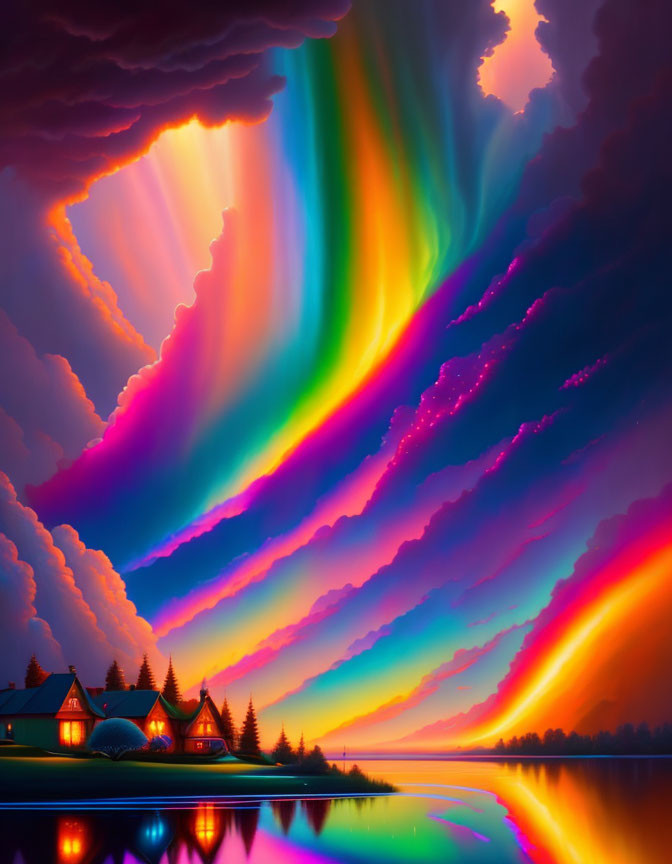 Colorful Sky Artwork Featuring Lakeside Cottages at Dusk