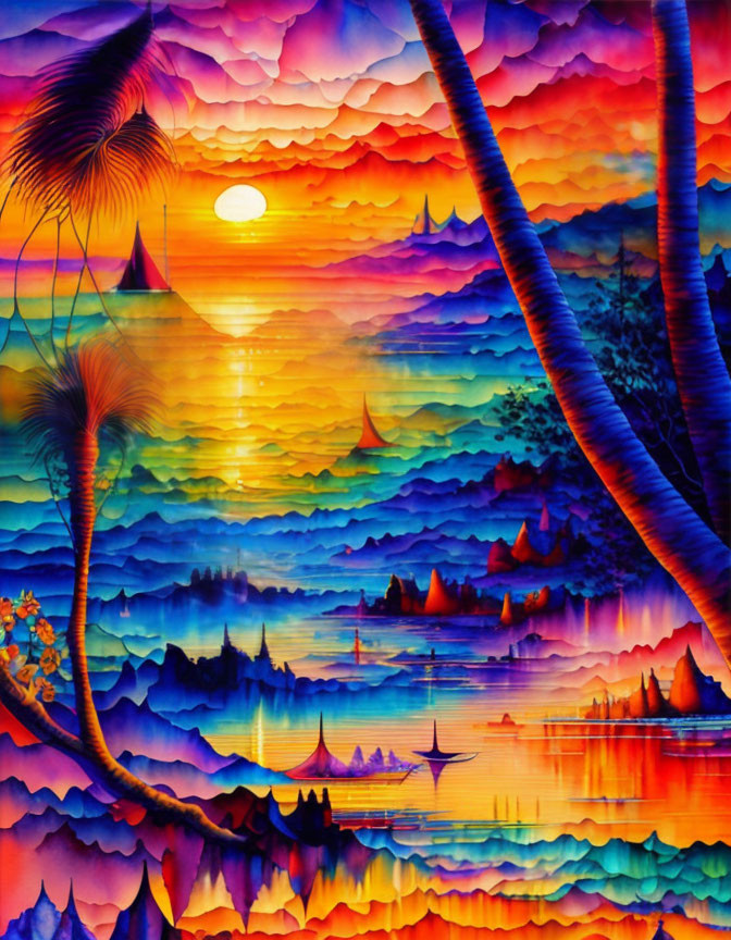 Tropical sunset with palm trees, mountains, boats