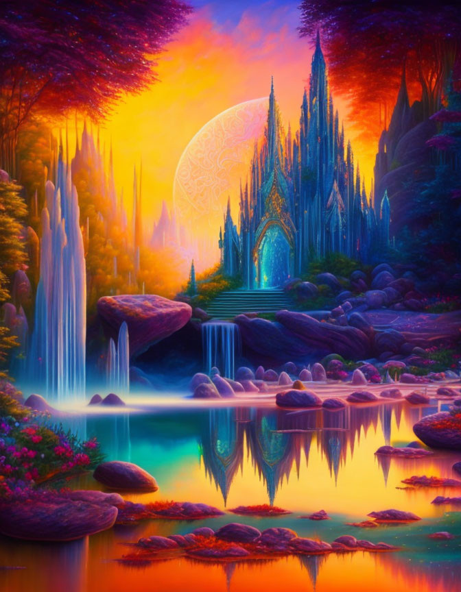 Fantasy landscape with waterfalls, river, castle, sunset, and moon