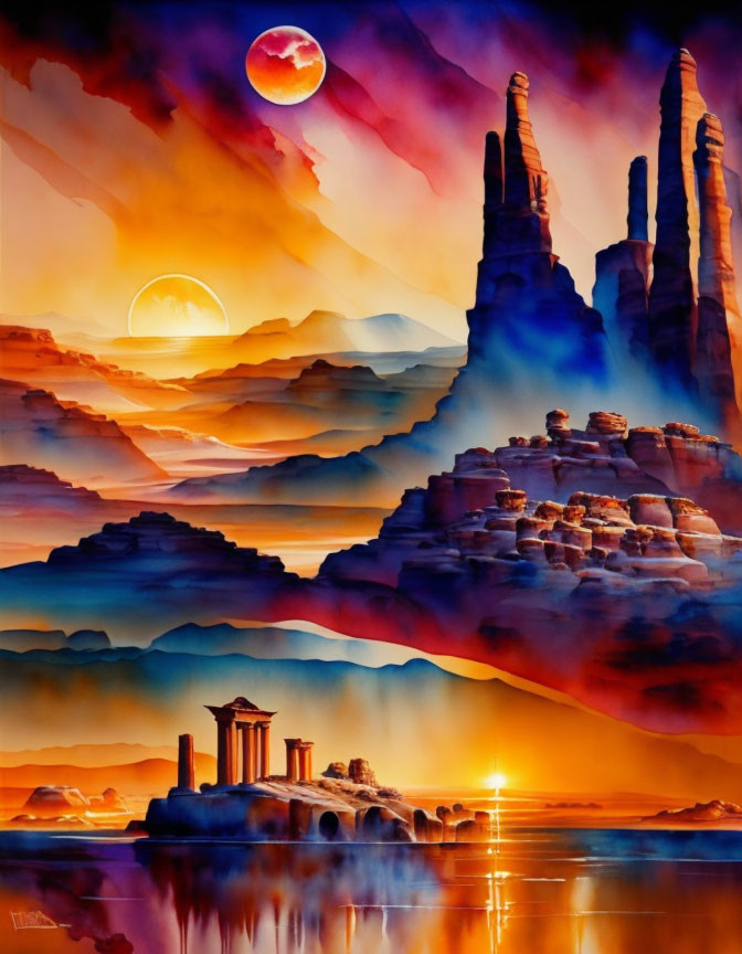 Vibrant painting of fantastical landscape with dual moons at sunset