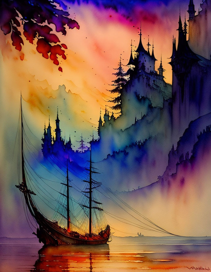 Colorful Watercolor Painting of Sailboat and Gothic Castles on Tranquil Waters