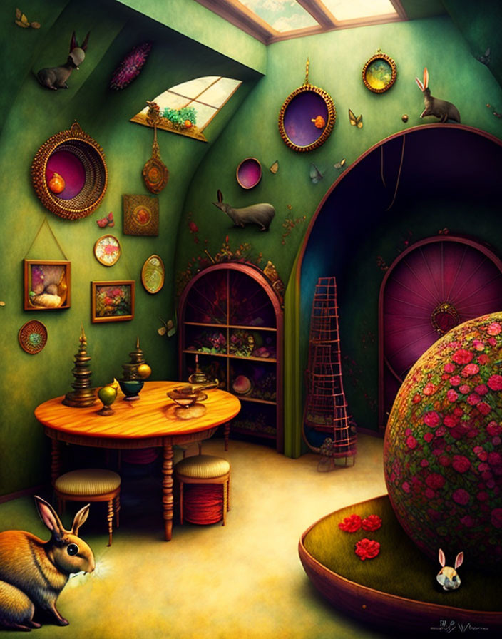 Whimsical room with rabbit motifs and surreal elements