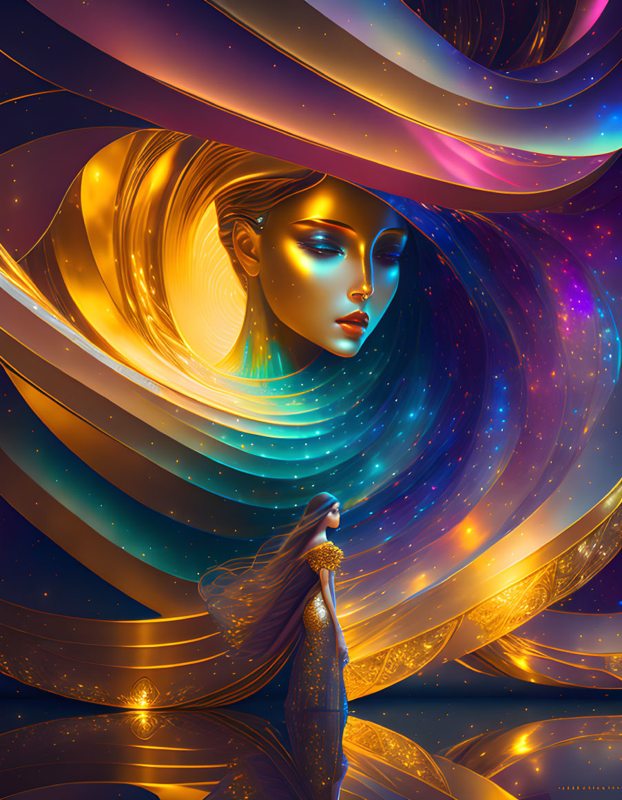 Stylized cosmic woman surrounded by swirling golden and blue patterns