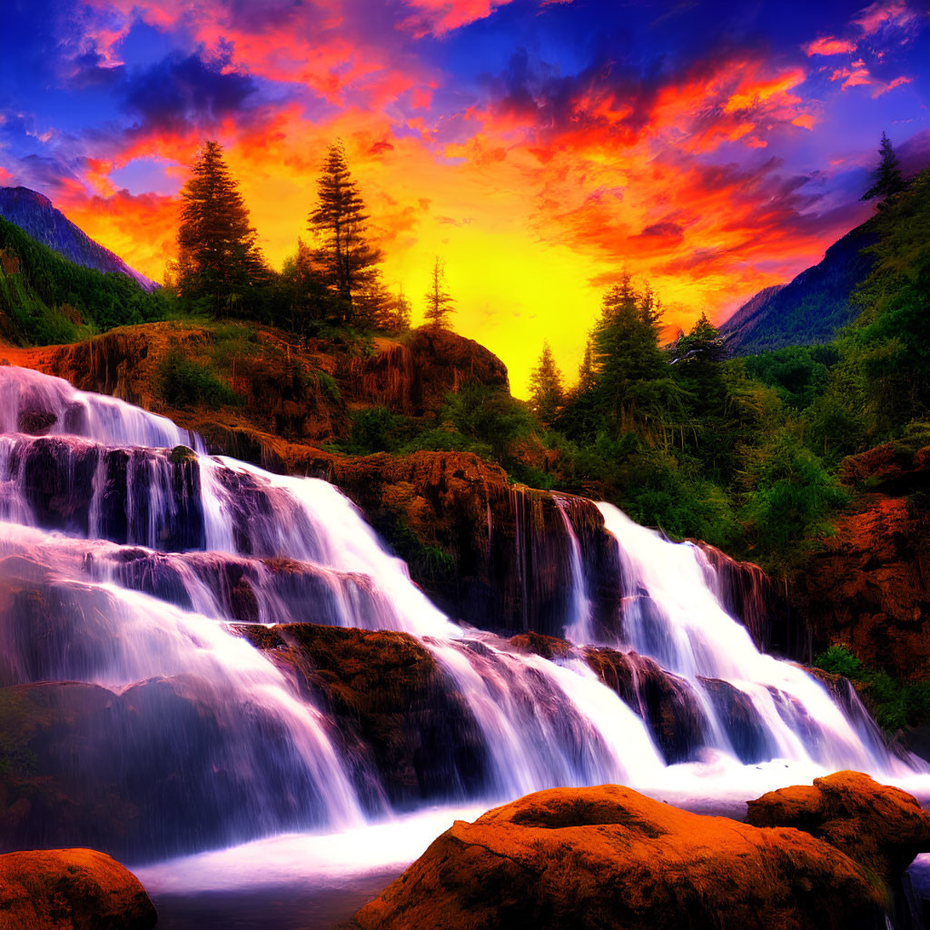 Scenic sunset with fiery clouds over lush waterfall and rocks