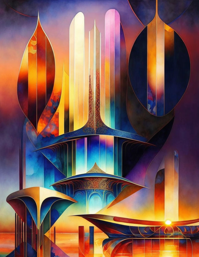 Colorful abstract art: Architectural forms in red, blue, and orange