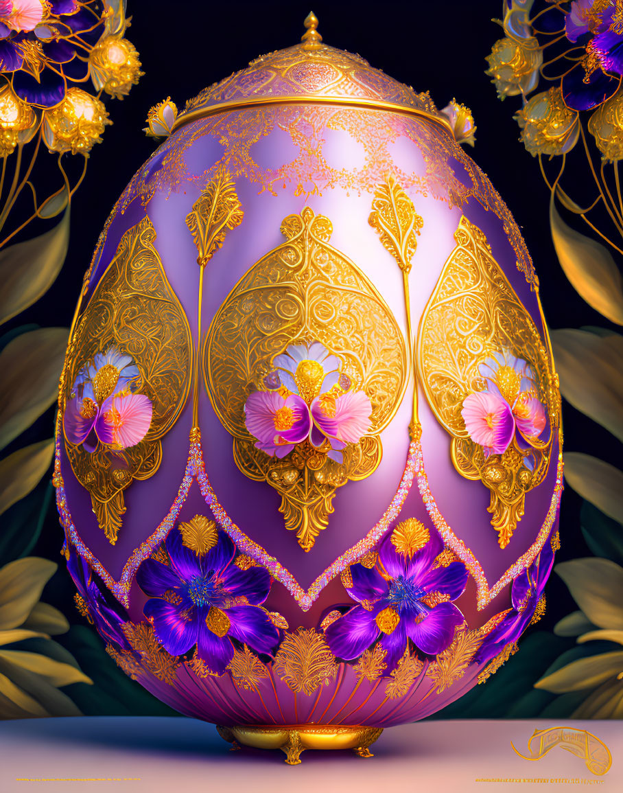 Intricate gold patterns on ornate Easter egg with vibrant flowers on dark background