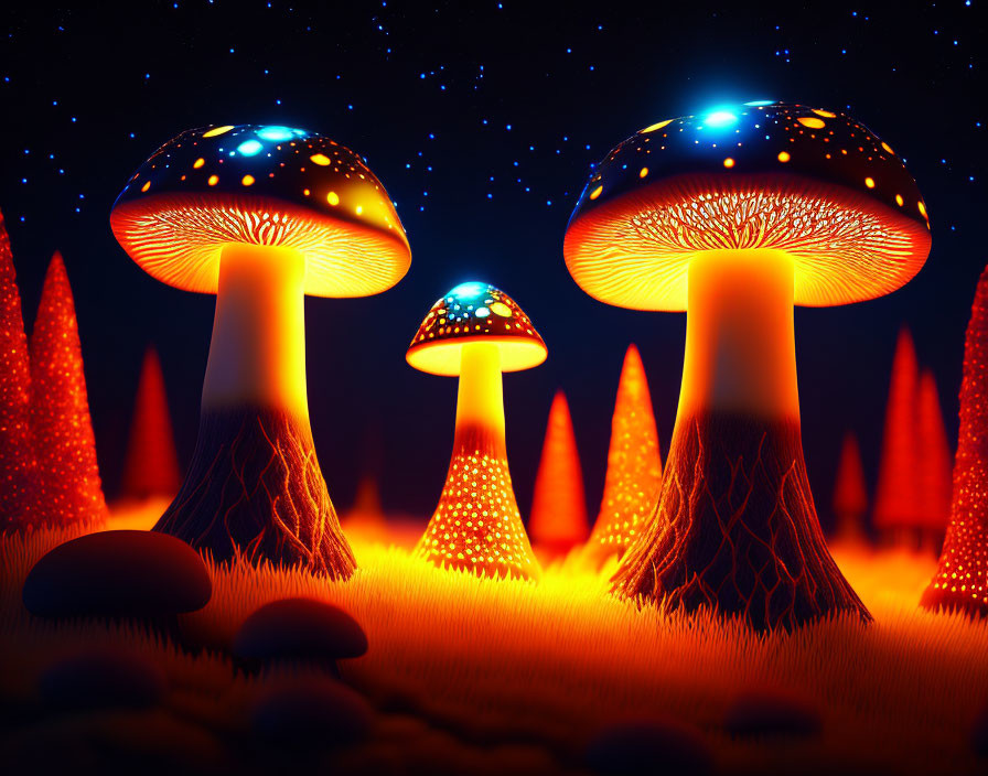 Bioluminescent Mushrooms Illuminate Fantasy Landscape