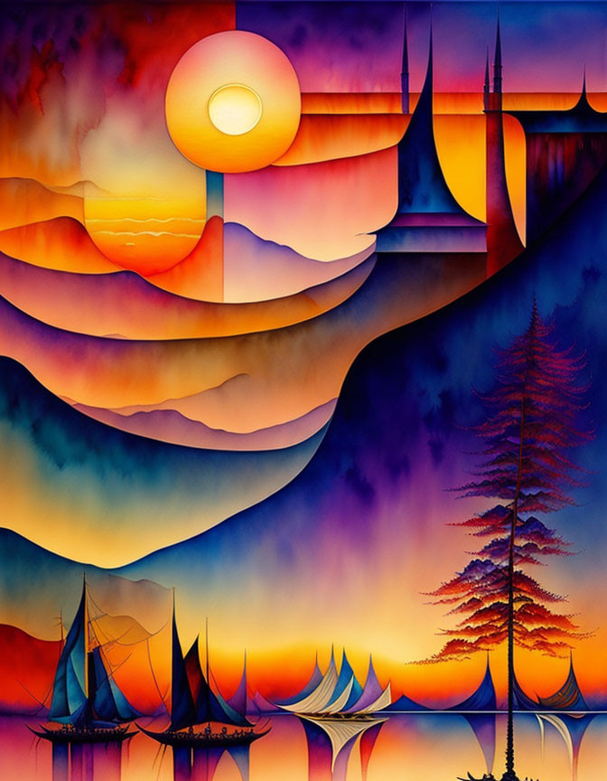 Colorful surreal landscape with sun, undulating hills, trees, and sailboats