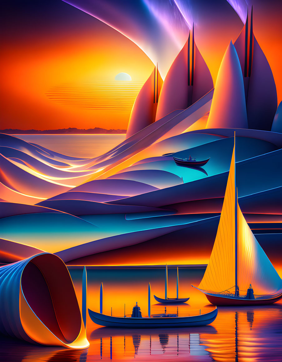 Surreal digital art: Vibrant wavy landscapes, reflective waters, sailboats, striking sunset