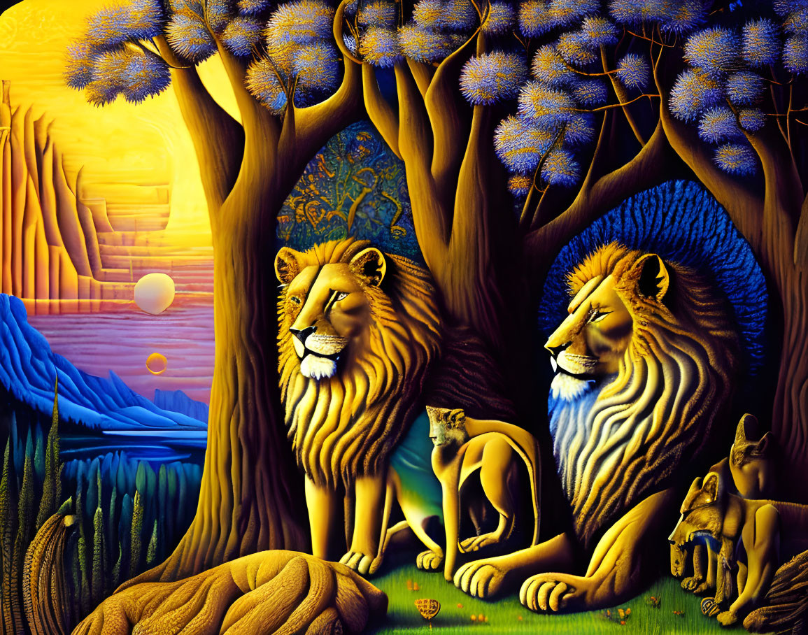 Colorful Family of Lions Painting with Mystical Tree & Abstract Nature