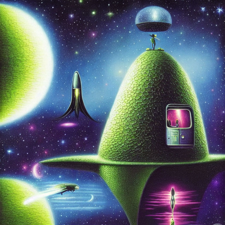 Surreal cosmic scene with humanoid figure, UFOs, spacecraft, green hills, starlit sky