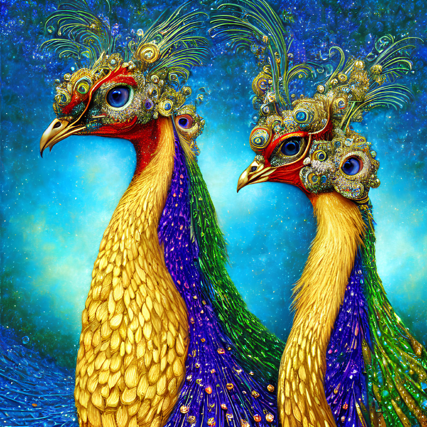 Ornately Decorated Peacocks with Vibrant Feathers on Blue Background