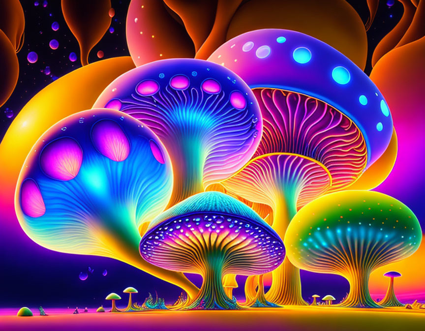 Neon-colored bioluminescent mushrooms in a fantasy night scene