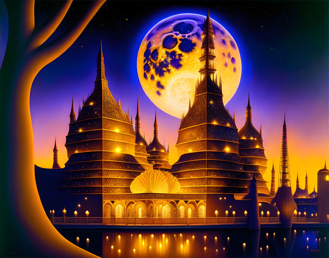 Vibrant castle with spires under detailed moon in purple night sky