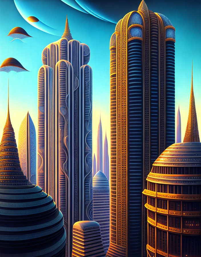 Futuristic cityscape with stylized skyscrapers and floating structures