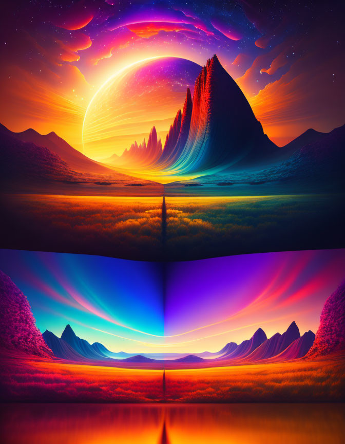 Surreal landscape with large moon and colorful skies