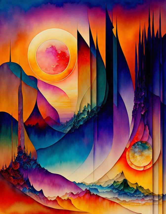 Abstract Painting: Vibrant Colors Blend into Surreal Landscape