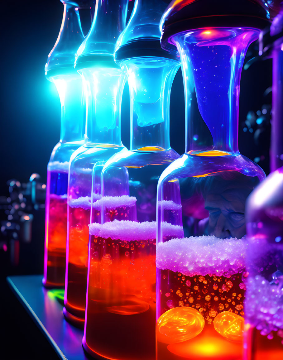 Neon liquids in laboratory flasks with bubbles and fog on dark background