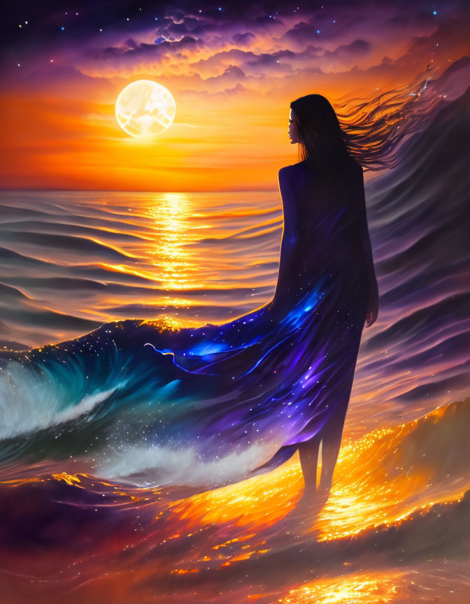 Woman blending into surreal sea under moonlit sky