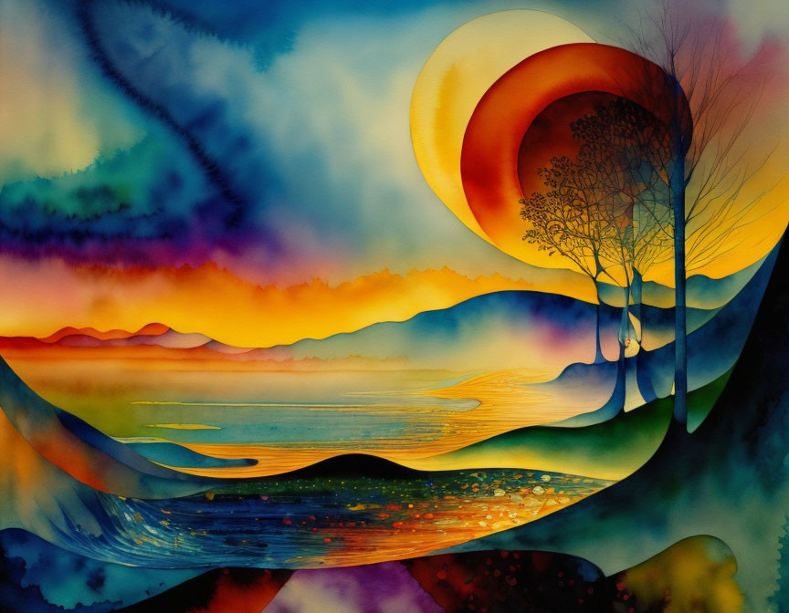 Colorful Watercolor Painting of Surreal Sunset with Tree and Mountains